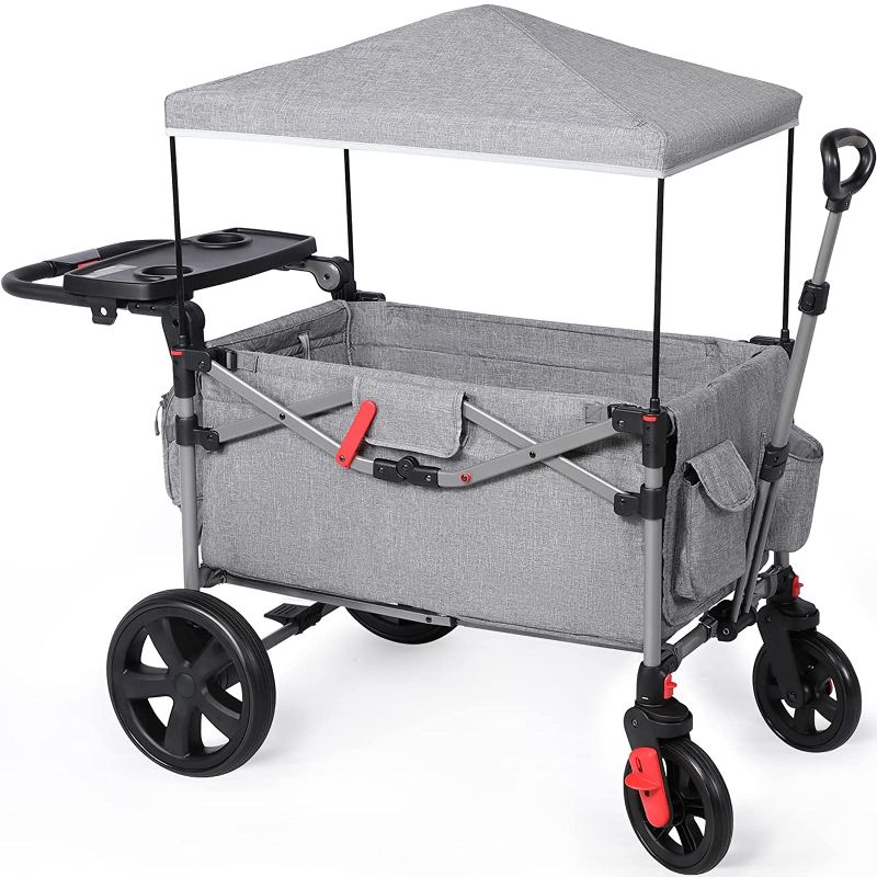 Photo 1 of EVER ADVANCED Foldable Wagons for Two Kids & Cargo, Collapsible Folding Stroller with Adjustable Handle Bar,Removable Canopy with 5-Point Harness
