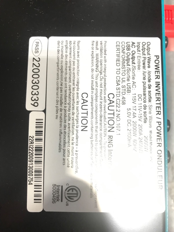 Photo 3 of Renogy 2000W 12V Pure Sine Wave Battery Converter, ETL Listed with Built-in 5V/2.1A USB port and AC Hardwire Port Solar Power Inverter
