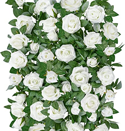 Photo 1 of 3 Pcs 19.5ft Fake Hanging Flowers Rose Garland Vines, Artificial Silk White Flower Garland, Hanging Flower Vines for Wedding Decor Arch Garden Valentines Day Decorations (White)
