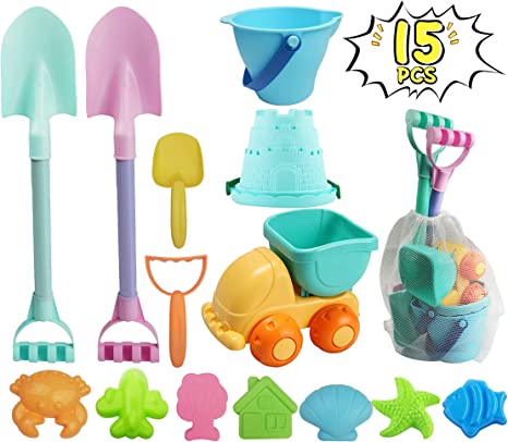 Photo 1 of IOKUKI Long Shovels Sand Toys Set with Mesh Bag Including Dump Truck, Beach Buckets, Shovels, Rakes, Molds, Outdoor Beach Toys Tool Kit for Kids, Toddlers, Boys and Girls (15 PCS)
