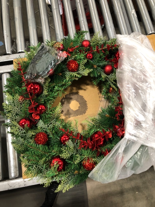 Photo 1 of 24" Mixed Spruce Christmas Wreath w/50 Warm White LED Lights, Glitter Branches, Pinecones - Battery-Operated