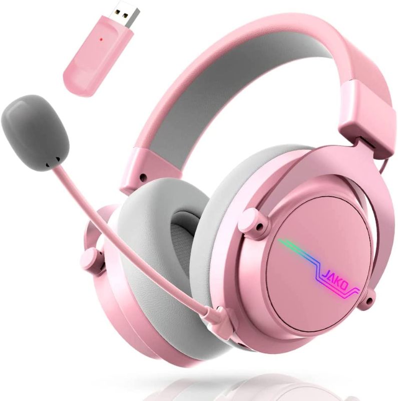 Photo 1 of JAKO Wireless Gaming Headset Professional Gamer, 2.4GHz-USB, 5.0GHz Bluetooth, Wired Mode, 3-in-1Wireless Bluetooth 7.1 Headphones with Mic for PC Playstation 4/5, Wired for Xbox Controller - Pink
