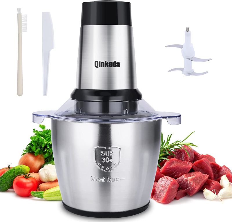 Photo 1 of Electric Meat Grinder, Qinkada 500W Food Processor 3.5L Chopping Meat, 14Cup Large Stainless Steel Electric Food Chopper with 4 Sharp Blades 3 Rotating Speed Levels and Spatula
