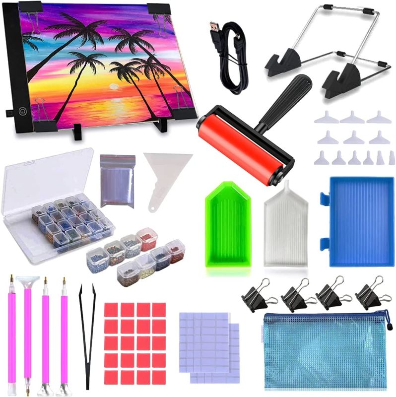 Photo 1 of 59 Pcs Diamond Painting A4 LED Light Pad Kit, 5D Diamond Painting Accessories Tool Kit Full Drill for Adults and Kids, Supplies Includes Storage Case, Pens,Stand,Pad Board and More
