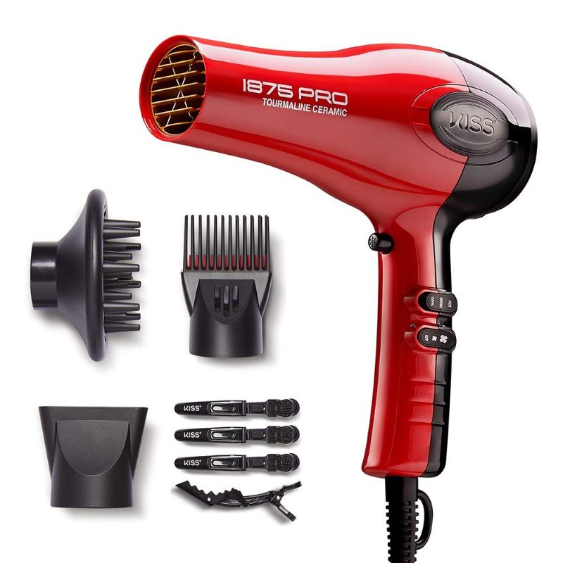 Photo 1 of KISS 1875 Watt Pro Tourmaline Ceramic Hair Dryer, 3 Heat Settings, 2 Speed Slide Switch, Cool Shot Button, 2 Detangler Combs, 1 Concentrator, 1 Diffuser, Removable Filter Cap & 4 Sectioning Clips
