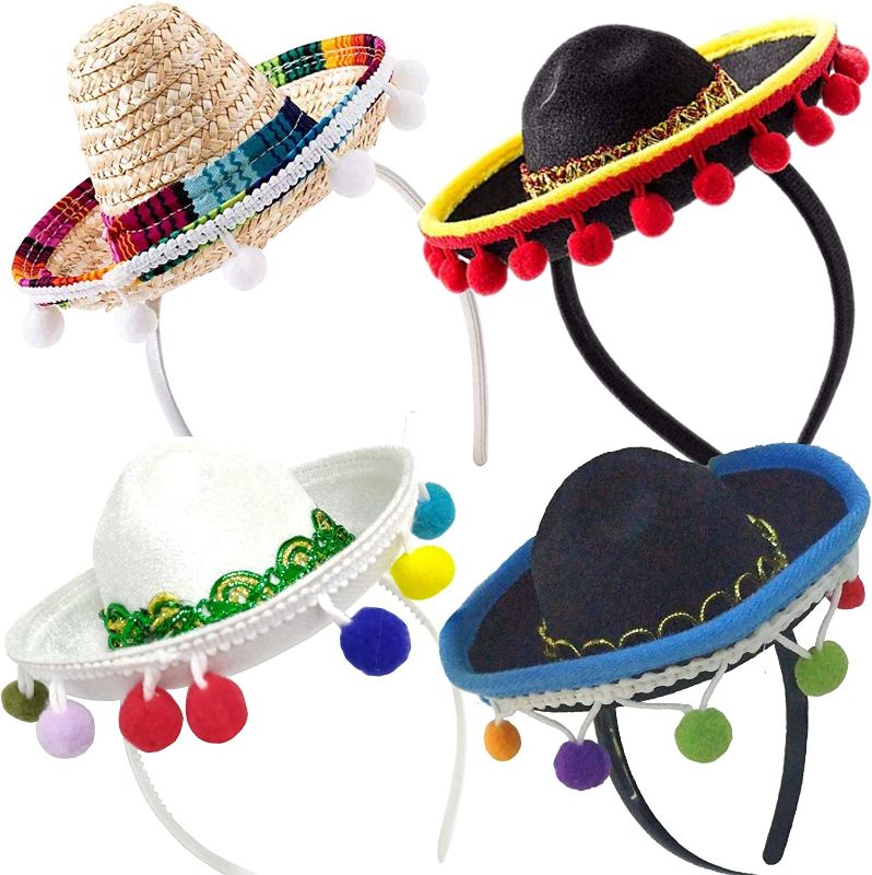 Photo 1 of 4 PCs Sombrero Headband Hat - Mini Sombrero Party Hats Decorations for Fiesta Carnival Festivals Birthday Coco Theme and Party Supplies - Sombrero Party Hats White/Black

