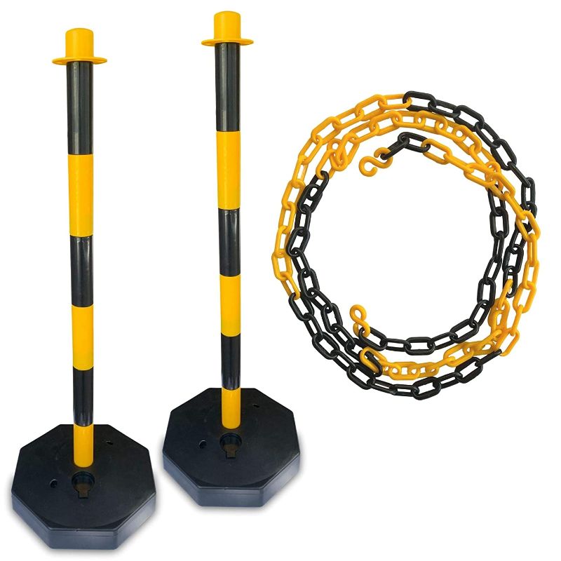 Photo 1 of 2 Traffic Delineator Poles | Plus Chain Included | Better Than Cones | Perfect Parking Post, Construction Lot, Road Marker or Street Stanchion | Portable & Fillable Base (Black/Yellow)
