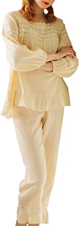 Photo 1 of  Women Long Sleeve Pajama Sets Cotton Victorian Sleepwear U Neck Night Wear Set with Ruffle Laces (Apricot,Large)
