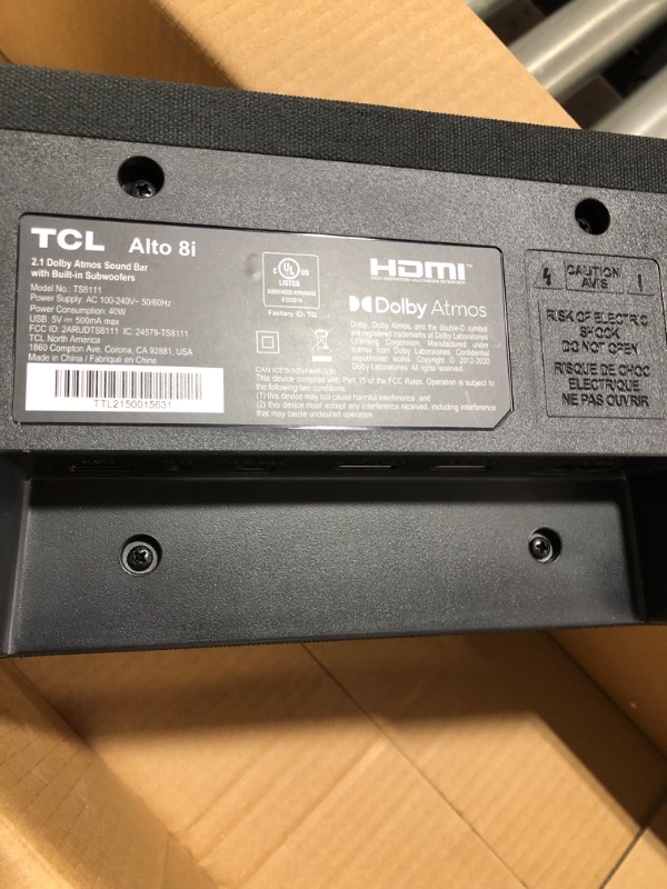 Photo 1 of TCL Alto 8i 2.1 Channel Dolby Atmos Sound Bar with Built-in Subwoofers and Bluetooth – TS8111, 260W, 39.4-inch, Black

