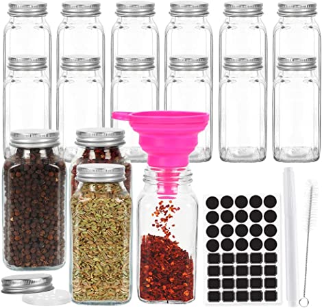 Photo 1 of 6 oz Empty Glass Spice Jars,Set of 16,Square Glass Seasoning Jars & Salts Containers with Metal Caps and Shaker Lids for Home & Kitchen. Include 1 Pen,1 Funnels and 40 Labels.
