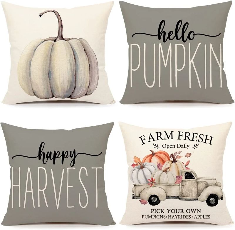 Photo 1 of 4TH Emotion Fall Decor Pillow Covers 20x20 Set of 4 Gray Pumpkin Farmhouse Decorations Happy Harvest Farm Truck Throw Cushion Case for Fall Thanksgiving Home Decorative Pillows 