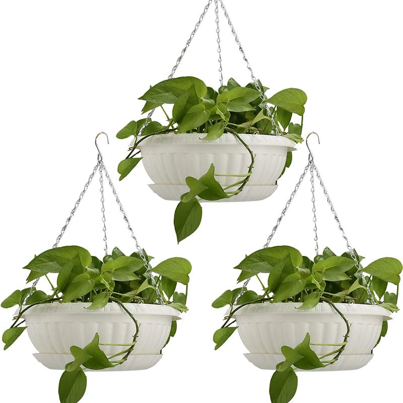 Photo 1 of 12.59" Large Hanging Planters with Drainage Hole&Tray, Hanging Flower Pots Plastic Plant Hanger Holders Hanging Basket for Indoor Outdoor Home Garden Herb Succulent (Pack 3) 