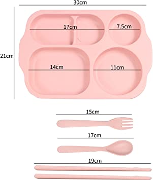 Photo 1 of 4 pack divided plates with 4 spoons, 4 forks and 4 chopsticks; Plate size: 11.8" x 8.3" x 1"- pink