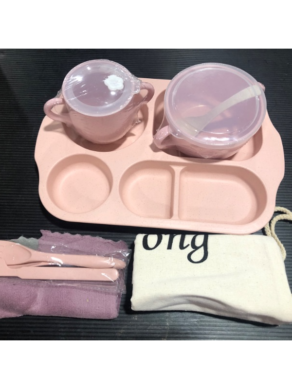 Photo 2 of 4 pack divided plates with 4 spoons, 4 forks and 4 chopsticks; Plate size: 11.8" x 8.3" x 1"- pink