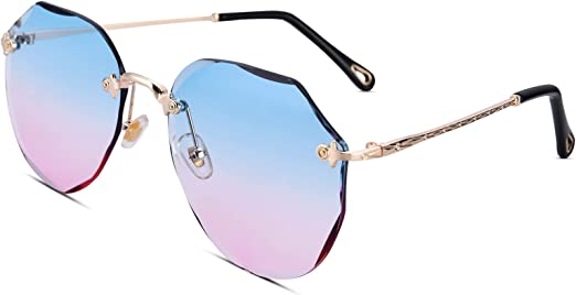 Photo 1 of hao xuan Oversized Sunglasses Rimless Sunglasses for Women Fashion Glasses Diamond Cut Lens with Patterned Glasses Legs, 55mm, 60mm, Pink Blue