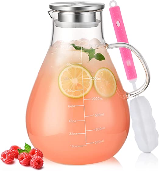 Photo 1 of CREATIVELAND Glass Water Pitcher with Lid for Hot & Cold Beverage, Lemonade, Iced Tea, Heat Resistant Borosilicate Glass Pitcher/Carafe/Jug with Brush & Stirring rod.