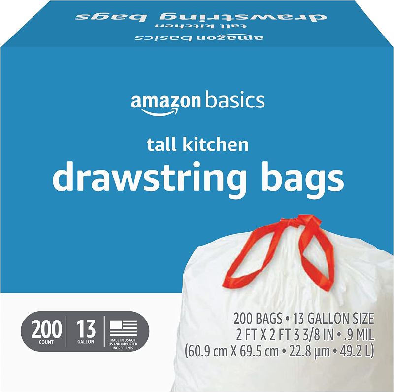 Photo 1 of Amazon Basics Tall Kitchen Drawstring Trash Bags, 13 Gallon, 200 Count