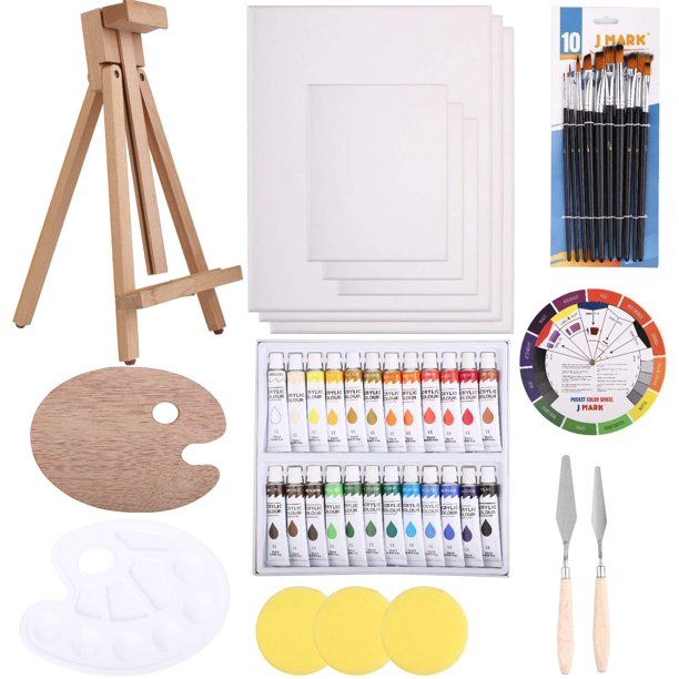 Photo 1 of 48pc Deluxe Painting Kits For Adults - Includes Adjustable Wood Easels, 10 Brushes Set, 24 Acrylic Paints, Wooden and Plastic Palettes, 2 Painting Knives, 3 Sponges, Canvases, Color Mixing Wheel