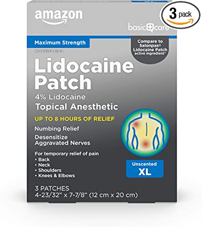 Photo 1 of Amazon Basic Care Lidocaine Patch, 4% Topical Anesthetic XL, 12 cm x 20 cm, Pain Relieving Patch, Up to 8 Hours' Relief for Joint Pain, Back Pain, Neck Pain, Shoulder Pain, Knee Pain, 3 Count