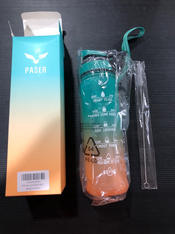 Photo 1 of 24oz PASER Motivational Water Bottle with Time to Drink, Removable Straw & Time Marker [Green Orange]