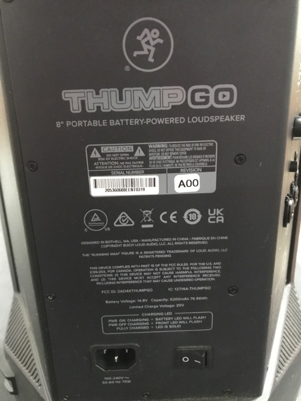 Photo 1 of Mackie Thump Go 8" Portable Bluetooth Battery-Powered Loudspeaker and Cable. MISSING BOX & ACCESSORIES. PRIOR USE. 

