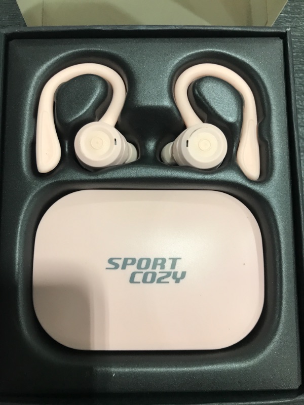 Photo 3 of Pink Over Ear Wireless Earbuds with Earhooks Running Bluetooth Earbuds with Ear Hook Waterproof Small Earphones in Ear Headphones Noise Cancelling Headset Android Ear Buds for Workout Sport Gym. PRIOR USE. 
 