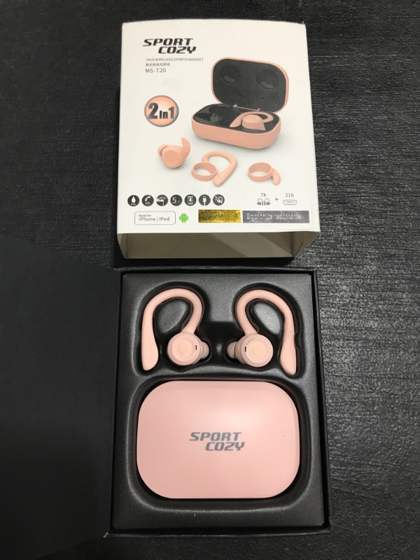 Photo 2 of Pink Over Ear Wireless Earbuds with Earhooks Running Bluetooth Earbuds with Ear Hook Waterproof Small Earphones in Ear Headphones Noise Cancelling Headset Android Ear Buds for Workout Sport Gym. PRIOR USE. 
 