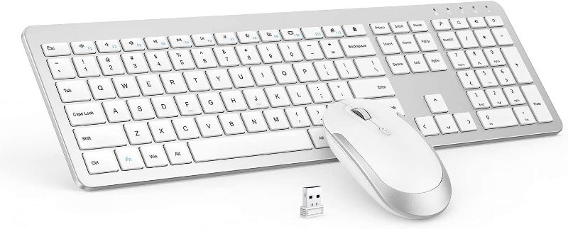 Photo 1 of Limited-time deal: Wireless Keyboard and Mouse Combo - Full Size Slim Thin Wireless Keyboard Mouse with Numeric Keypad with On/Off Switch on Both Keyboard and Mouse - White & Silver https://a.co/d/aIU4RNb