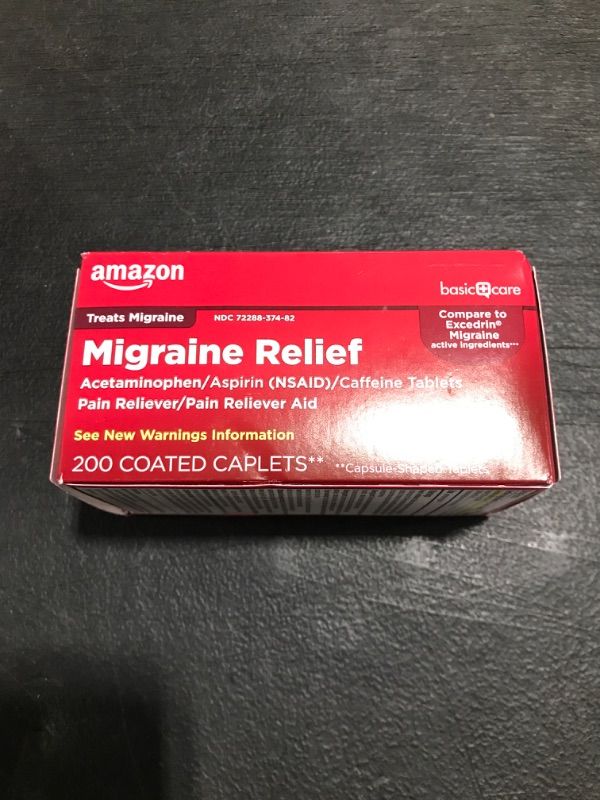 Photo 2 of Amazon Basic Care Migraine Relief, Acetaminophen, Aspirin (NSAID) and Caffeine Tablets, 200 Count. BB 04/2023.