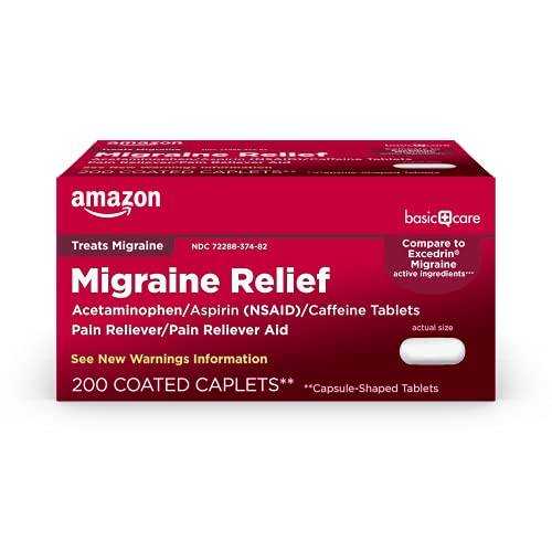 Photo 1 of Amazon Basic Care Migraine Relief, Acetaminophen, Aspirin (NSAID) and Caffeine Tablets, 200 Count. BB 04/2023.