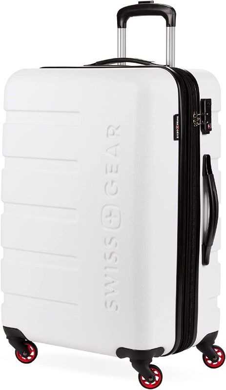 Photo 1 of SwissGear 7366 Hardside Expandable Luggage with Spinner Wheels, White, Checked-Medium 23-Inch---item has scuffs on the wheels, front & back due to usage------used needs cleaning------dent on the side
