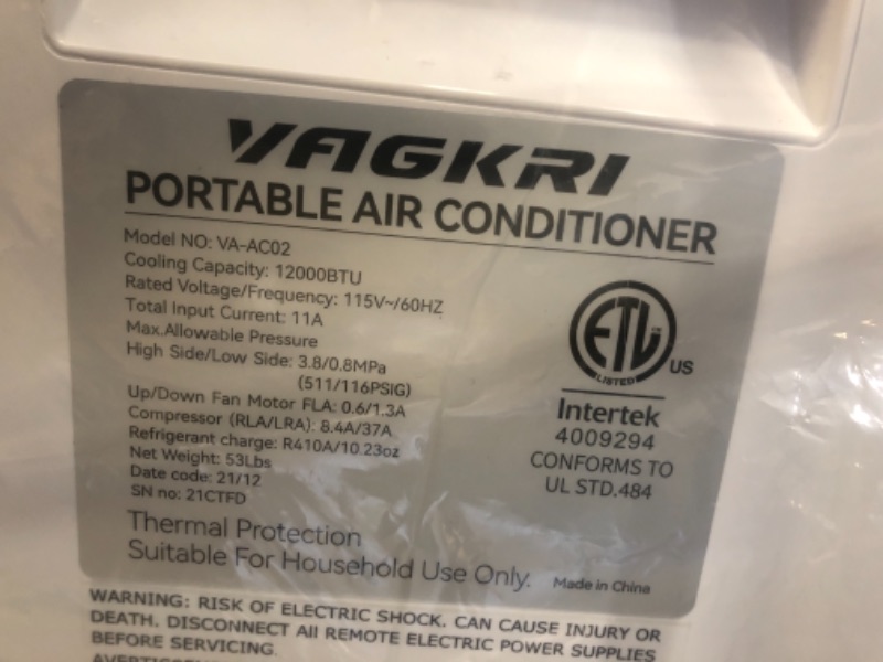 Photo 5 of VAGKRI Portable Air Conditioners 12000 BTU, 3-in-1 AC Unit with Fan & Dehumidifier Cools up to 400 sq. ft, Portable AC with ECO Mode, 3 Fan Speeds, Auto Swing, 24H On/Off Timer, Remote Control
- sealed.