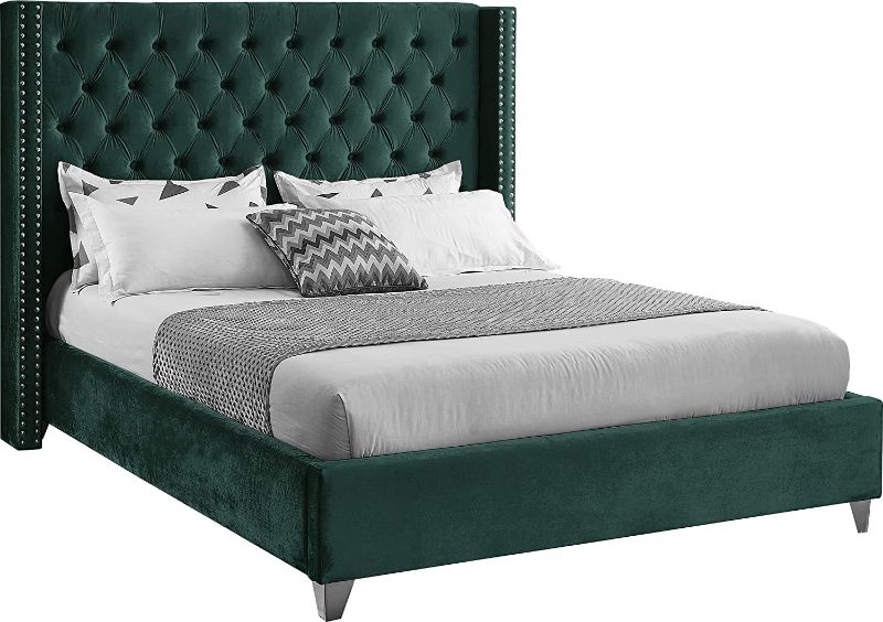 Photo 1 of 6Meridian Furniture Aiden Collection Modern | Contemporary Velvet Upholstered Bed with Deep Button Tufting, Solid Wood Frame, and Custom Chrome Legs, Queen, Green----------missing hardware 
