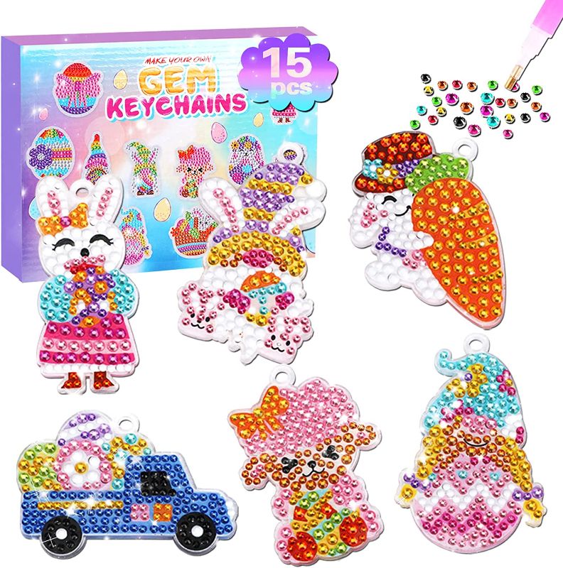 Photo 1 of 15 PCS Easter DIY Diamond Key Chains, Diamond Painting Kit for Kids Adult Mosaic 5D Diamond Painting by Numbers Art and Craft for Girls Boys 5 6 7 8 9 10 11 12 Gift for Valentines Easter, Birthday 2pc