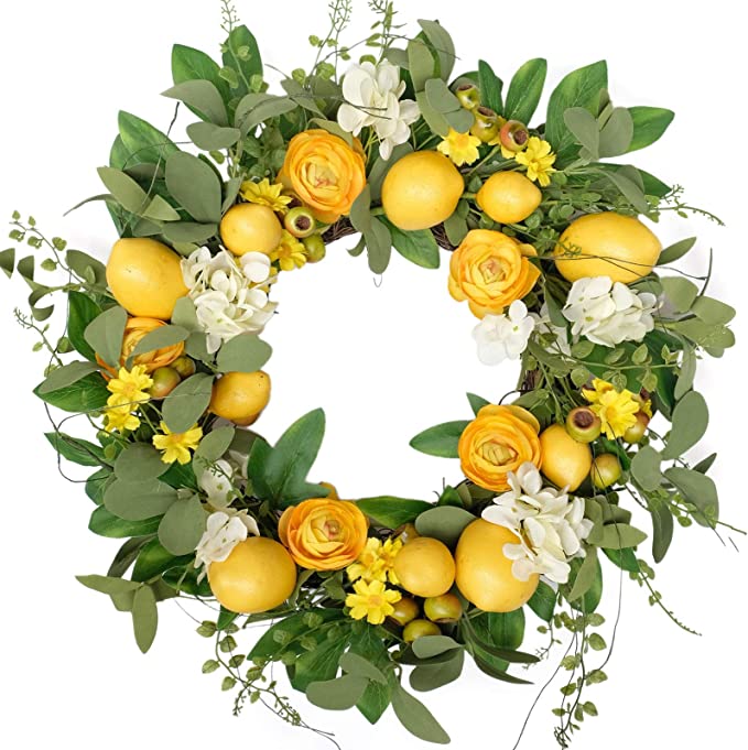 Photo 1 of Bibelot 20 inch Artificial Lemon Wreath for Front Door Yellow Peony White Hydrangea Green Leaves Wreath with Big Berries Wreath Grapevine Wreath Spring Summer Wreath for Wall Window Party Decor
