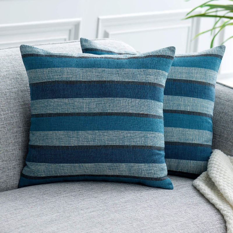 Photo 1 of 2 Pieces Decorative Classic Retro Stripe Throw Pillow Cover with Hidden Zipper Soft Faux Linen Modern Farmhouse Cushion Case for Sofa Bedroom Car 20 x 20 Inch Multi Blue