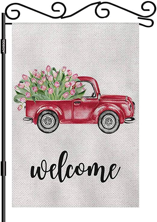 Photo 1 of AOYEGO Valentine'S Day Love Welcome Small Garden Flag Vertical Double Sided 12.5 x 18 Inch Red Truck Deliver Tulip in Rustic Winter Farmhouse Burlap Yard Outdoor Decor
