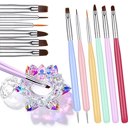 Photo 1 of 6 Pieces Nail Art Brushes Set Lotus Flower Shape Crystal Nail Art Dappen Dish Nail Crystal Bowl Glassware Nail Crystal Cup with Lid, Nail Art Liner Brushes for Manicure Design
