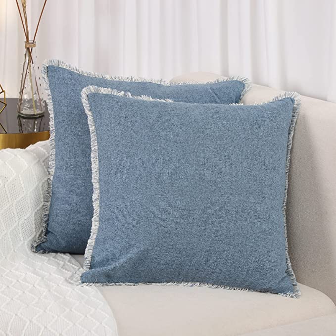 Photo 1 of Basic Model Solid Decorative Throw Pillow Covers with Tassels 16x16 Inch Set of 2 Square Pillowcases Farmhouse Cushion Covers for Couch Sofa,Blue
