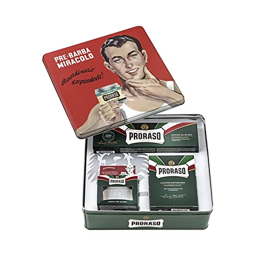 Photo 1 of  Proraso Shaving Kit for Men | Refreshing and Toning Pre-Shave Cream, Shaving Cream Tube and After Shave Balm in Vintage Gino Tin | All Skin Types
