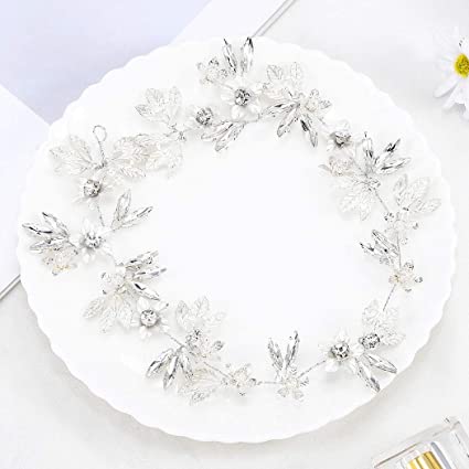 Photo 1 of Jeairts Floal Leaf Bride Wedding Hair Vine Silver Crystal Bridal Headband Headpiece Flower Pearl Wedding Headwear Hair Dress Decorative Hair Accessories for Women and Girls
