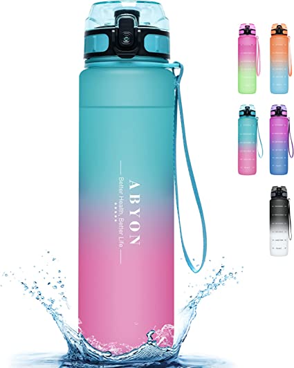 Photo 1 of ABYON 32 oz. Motivational Water Bottle with Straw &Time Markings, Track Intake and Hydration, BPA Free Tritan Plastic, Leak-Resistant Flip Top Drink Spout, Sports and Fitness
