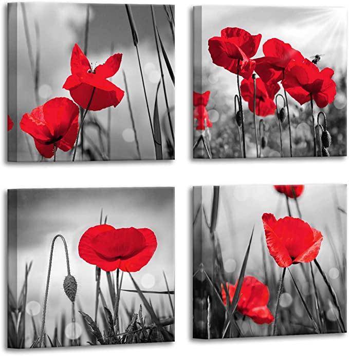 Photo 1 of Bathroom Pictures for Wall - Black and White Wall Art Modern Wall Decor Poppy Artwork for Home Walls Floral Painting Art Wall Decor for Bathroom Wall Decor Black and White Decor Framed 14x14inch x4pcs
