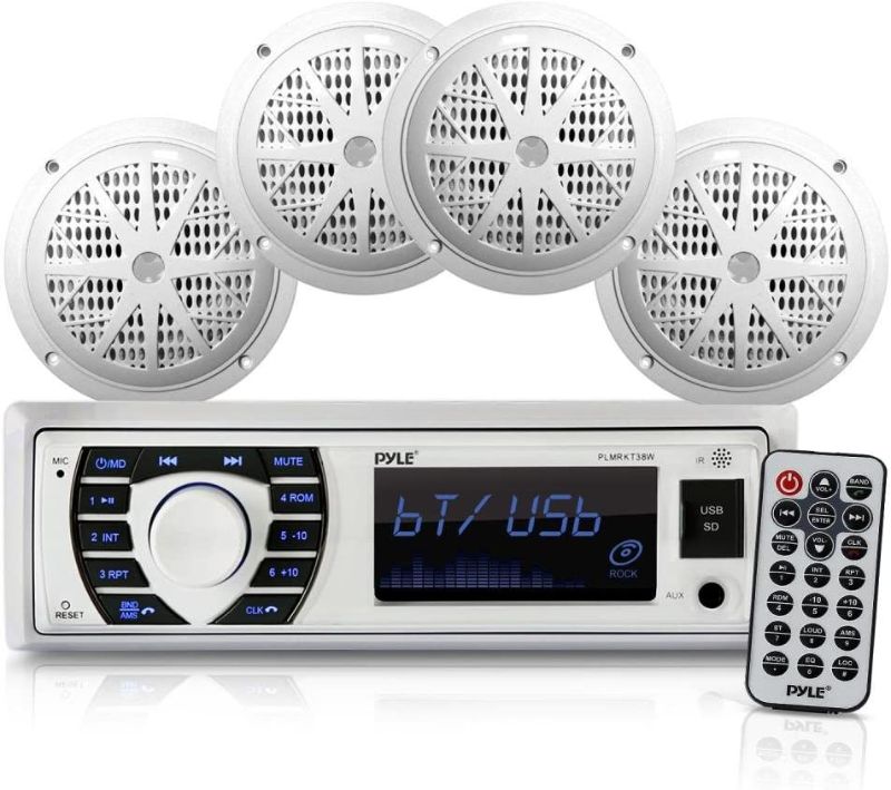 Photo 1 of Marine Radio Receiver Speaker Set 12v Single Din Style Bluetooth Compatible Waterproof Digital Boat In Dash Console System with Mic 4 Speakers, Remote Control, Wiring Harness PLMRKT38W (White)
