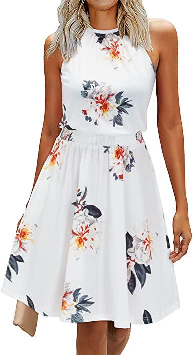 Photo 1 of Arach&Cloz Women's Halter Neck Floral Sleeveless Summer Beach A Line Swing Dress Casual Sundress with Pockets (M)