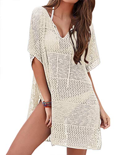 Photo 1 of Ashuai Women's Swimsuit Cover Up V Neck Mesh Crochet Loose Knit Bathing Dress for Beach Swimwear Apricot
