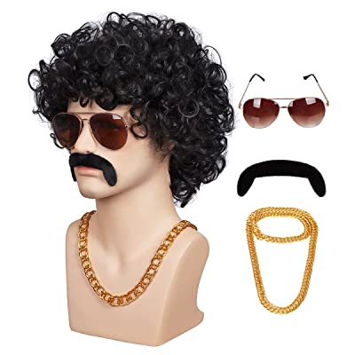 Photo 1 of ColorGround 4-Pieces Chain and Moustache and Short Curly Black Wig for 70'S Disco Party (Black (4 pieces set))
