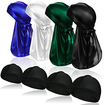 Photo 1 of 4 Pcs Silky Men Durag Headwraps with Long Tail and 4 Pcs Silk Wave Cap Perfect for 360 Waves
