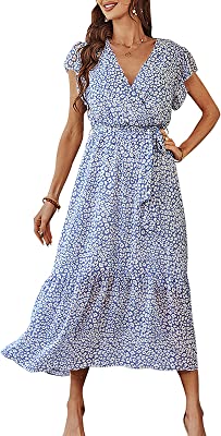 Photo 1 of ANRABESS Women's Summer Floral Dress Wrap V Neck Short Flutter Sleeve Belted Ruffle Hem A-Line Bohemian Maxi Dresses XL
