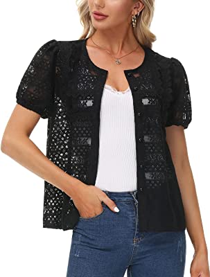 Photo 1 of Belle Poque Women Short Sleeve Lace Cardigan Button Up Crochet Shrug Casual Lightweight Vintage Bolero Jackets Size Small 
